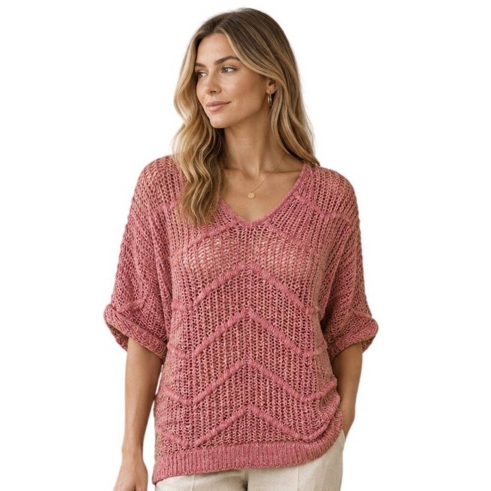 Natural Reflections Hoodie Sweater 100% Cotton Pink Crochet Boho Coastal Large